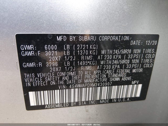 44611811 :رقم المزاد ، 4S4WMAPDXM3430907 vin ، 2021 Subaru Ascent Limited مزاد بيع