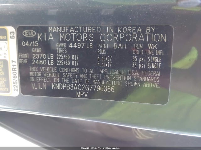 2016 Kia Sportage Lx მანქანა იყიდება აუქციონზე, vin: KNDPB3AC2G7796366, აუქციონის ნომერი: 44611826