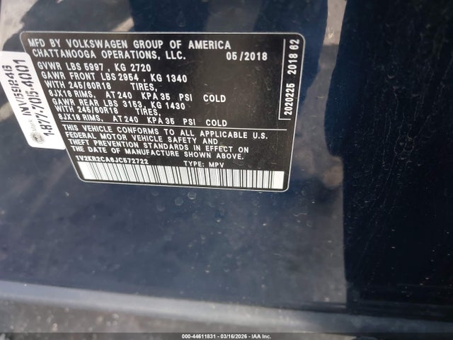1V2KR2CA6JC572722 Volkswagen Atlas 3.6l V6 Se
