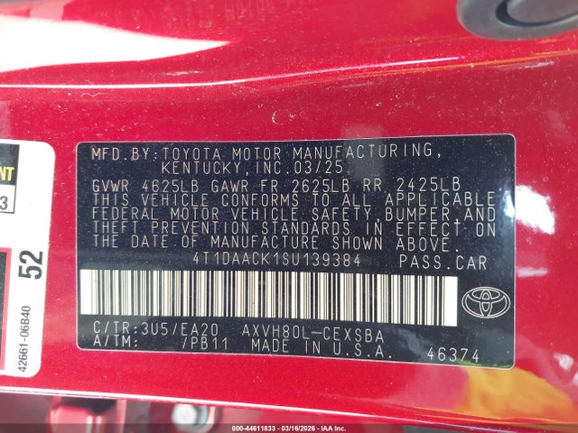 Aukcja sprzedaży 2025 Toyota Camry Se, vin: 4T1DAACK1SU139384, numer aukcji: 44611833