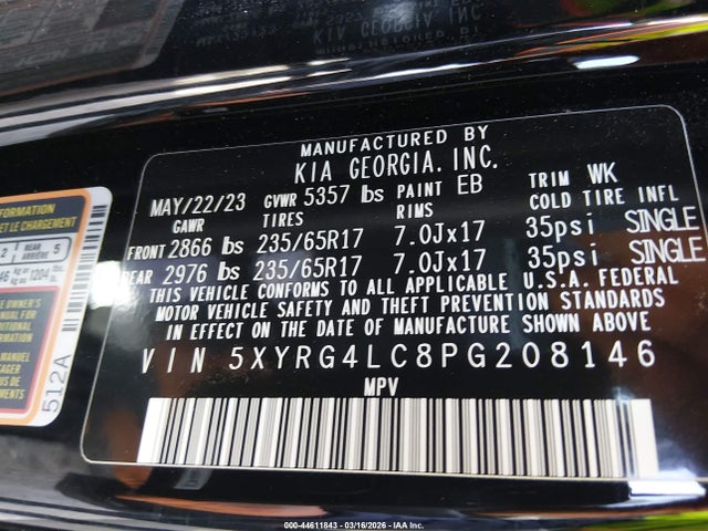 Aukcja sprzedaży 2023 Kia Sorento Lx, vin: 5XYRG4LC8PG208146, numer aukcji: 44611843