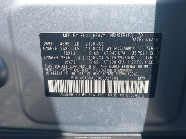 4S4BSALC9G3327709 Subaru Outback 2.5i Limited