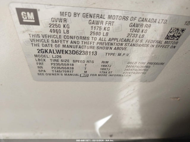 44611871 :رقم المزاد ، 2GKALWEK3D6238113 vin ، 2013 Gmc Terrain Slt-2 مزاد بيع