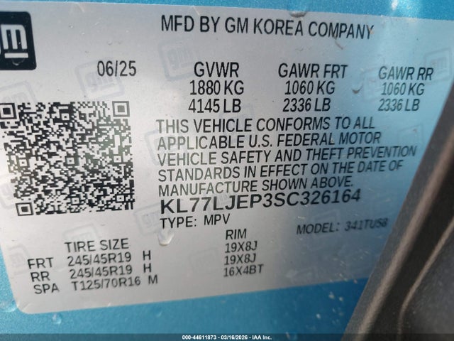 Aukcja sprzedaży 2025 Chevrolet Trax Fwd 2rs, vin: KL77LJEP3SC326164, numer aukcji: 44611873