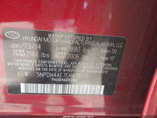 Hyundai Elantra Limited 2014 5NPDH4AE7EH478115 Image 9