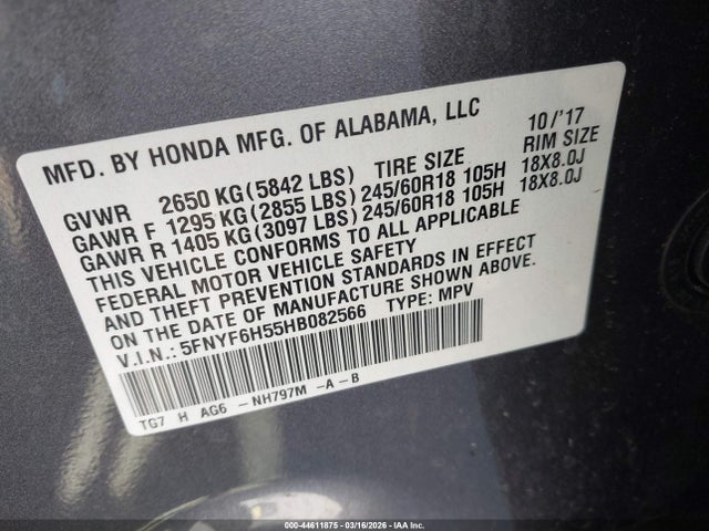 5FNYF6H55HB082566 Honda Pilot Ex-l