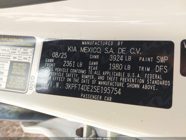 44611877 :رقم المزاد ، 3KPFT4DE2SE195754 vin ، 2025 Kia K4 Lxs مزاد بيع