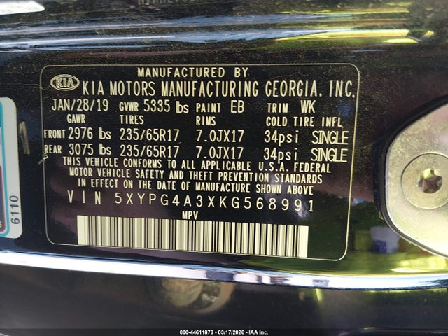 5XYPG4A3XKG568991 KIA Sorento 2.4l Lx