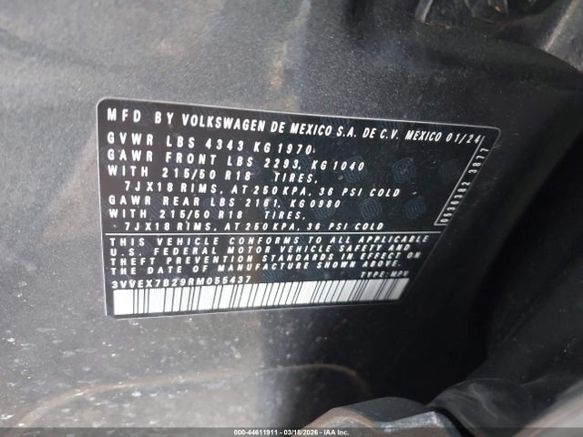 2024 Volkswagen Taos 1.5t Se მანქანა იყიდება აუქციონზე, vin: 3VVEX7B29RM055437, აუქციონის ნომერი: 44611911