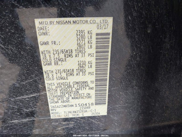 Продаж на аукціоні авто 2017 Nissan Murano Sl, vin: 5N1AZ2MH5HN150458, номер лоту: 44611924