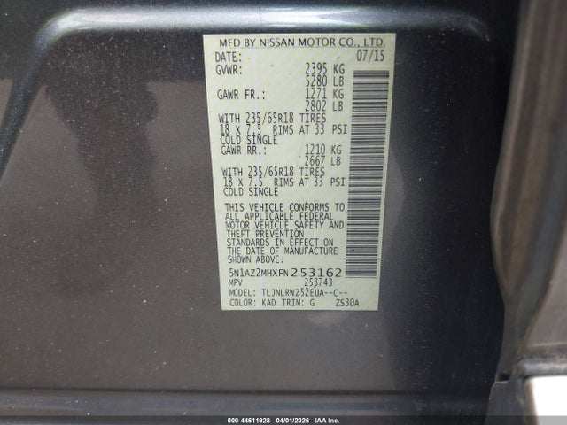 44611928 :رقم المزاد ، 5N1AZ2MHXFN253162 vin ، 2015 Nissan Murano Sl مزاد بيع