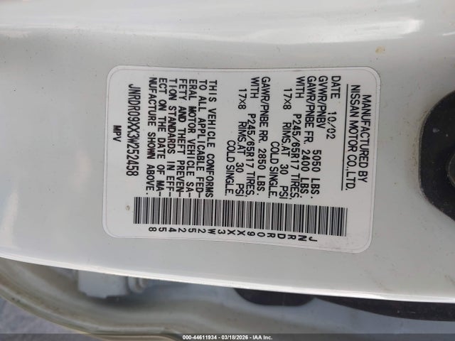 44611934 :رقم المزاد ، JNRDR09XX3W252458 vin ، 2003 Infiniti Qx4 Luxury مزاد بيع