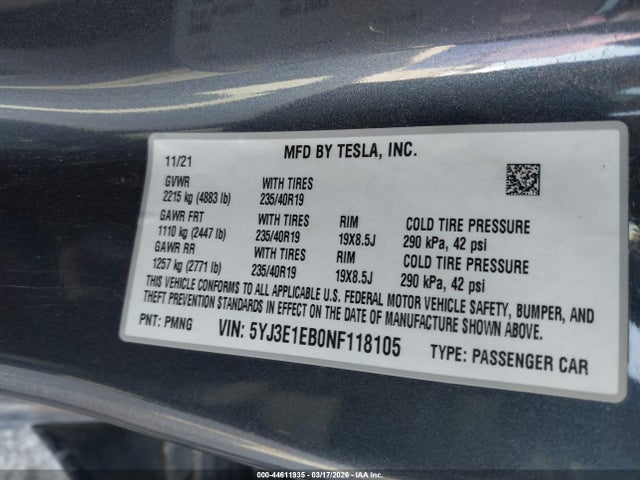 44611935 :رقم المزاد ، 5YJ3E1EB0NF118105 vin ، 2022 Tesla Model 3 Long Range Dual Motor All-wheel Drive مزاد بيع