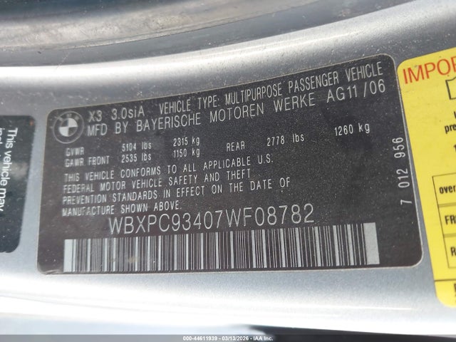 Aukcja sprzedaży 2007 Bmw X3 3.0si, vin: WBXPC93407WF08782, numer aukcji: 44611939