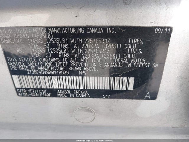 Продажа на аукционе авто 2011 Toyota Rav4, vin: 2T3BF4DV9BW149039, номер лота: 44611942