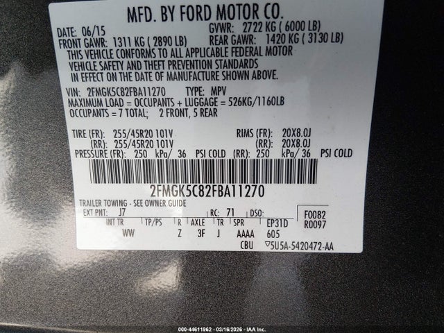 Ford FLEX SEL 2015 2FMGK5C82FBA11270 Image 9