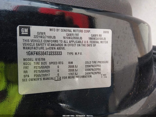 Aukcja sprzedaży 2007 Gmc Yukon Denali, vin: 1GKFK63847J233333, numer aukcji: 44611982