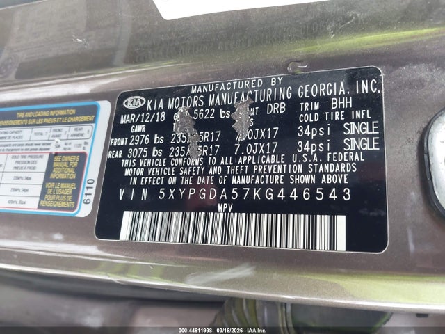 5XYPGDA57KG446543 KIA Sorento 3.3l Lx