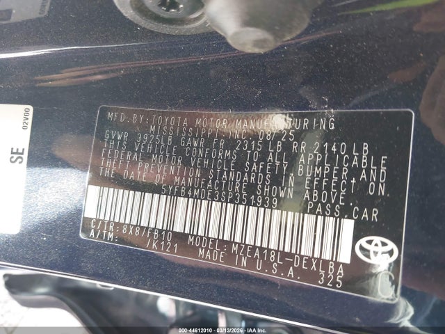 Aukcja sprzedaży 2025 Toyota Corolla Le, vin: 5YFB4MDE3SP351939, numer aukcji: 44612010