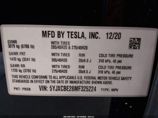 2021 Tesla Model X Long Range Dual Motor All-wheel Drive/long Range Plus Dual Motor All-wheel Drive მანქანა იყიდება აუქციონზე, vin: 5YJXCBE28MF325224, აუქციონის ნომერი: 44612023