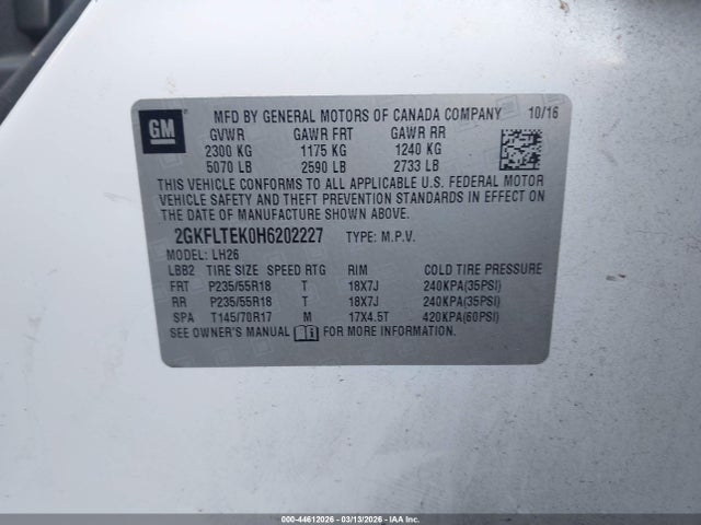 Aukcja sprzedaży 2017 Gmc Terrain Sle-2, vin: 2GKFLTEK0H6202227, numer aukcji: 44612026