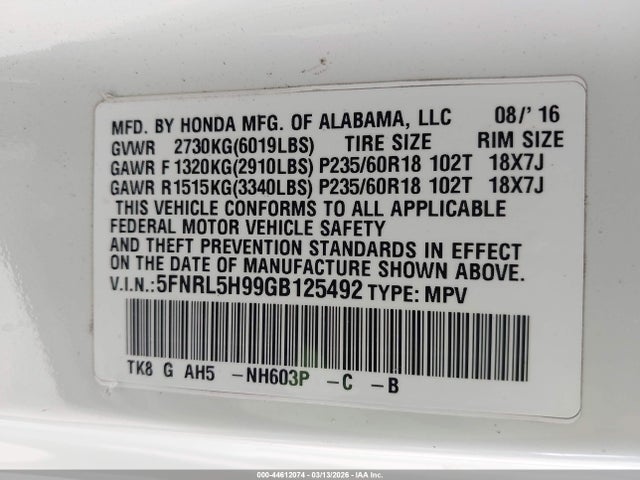 2016 HONDA ODYSSEY 5FNRL5H99GB125492 Photo 8