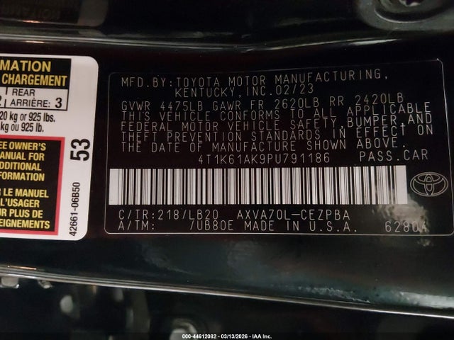 4T1K61AK9PU791186 Toyota CAMRY XSE