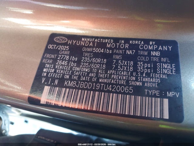 Aukcja sprzedaży 2026 Hyundai Tucson Hybrid Sel, vin: KM8JBDD19TU420065, numer aukcji: 44612112