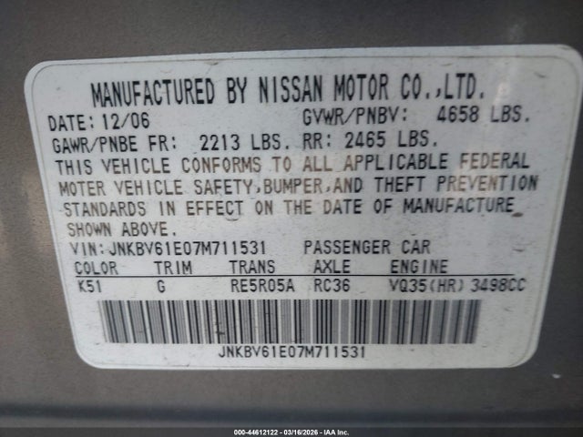 2007 Infiniti G35 Journey მანქანა იყიდება აუქციონზე, vin: JNKBV61E07M711531, აუქციონის ნომერი: 44612122