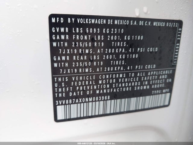 44612128 :رقم المزاد ، 3VV8B7AX0NM083968 vin ، 2022 Volkswagen Tiguan 2.0t Se R-line Black مزاد بيع
