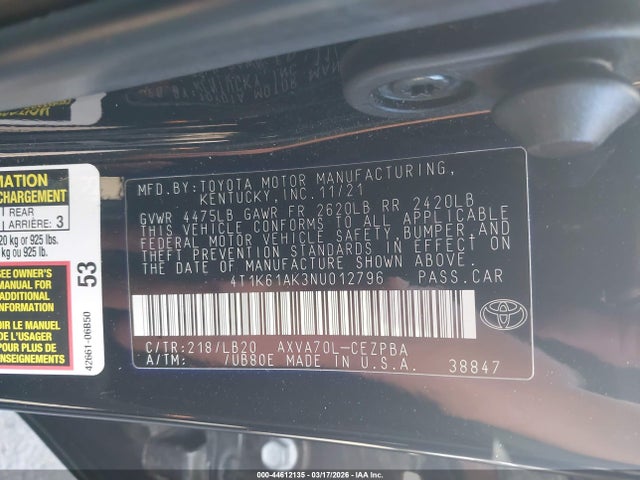 4T1K61AK3NU012796 Toyota CAMRY XSE