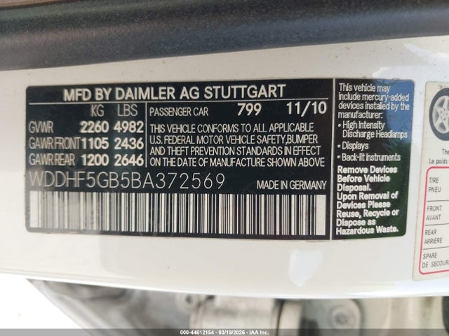 Продажа на аукционе авто 2011 Mercedes-benz E 350, vin: WDDHF5GB5BA372569, номер лота: 44612154