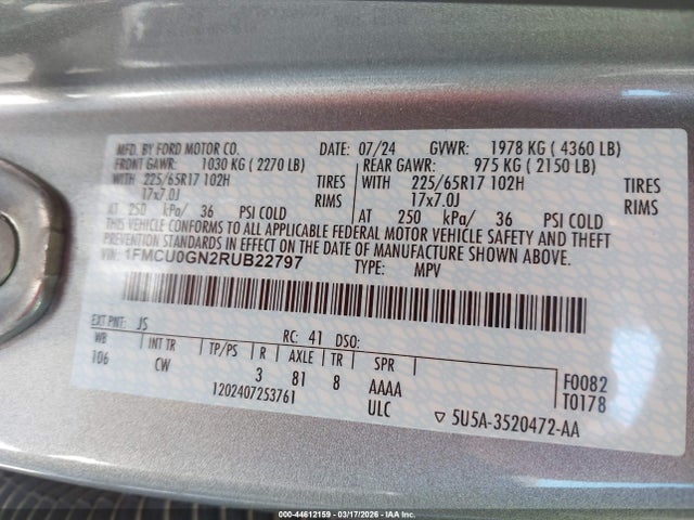 2024 Ford Escape Active მანქანა იყიდება აუქციონზე, vin: 1FMCU0GN2RUB22797, აუქციონის ნომერი: 44612159
