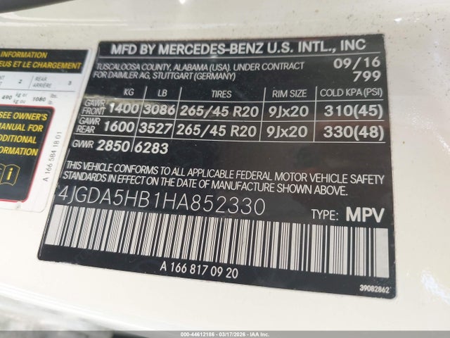 Aukcja sprzedaży 2017 Mercedes-benz Gle 350 4matic, vin: 4JGDA5HB1HA852330, numer aukcji: 44612186