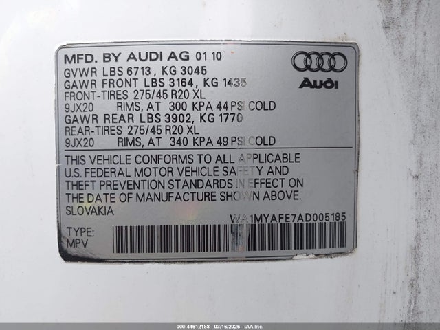 44612188 :رقم المزاد ، WA1MYAFE7AD005185 vin ، 2010 Audi Q7 3.6 Premium مزاد بيع