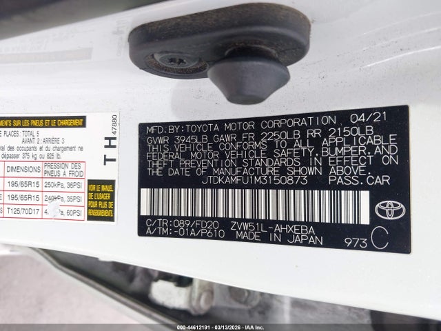 Toyota Prius Le 2021 JTDKAMFU1M3150873 Image 9