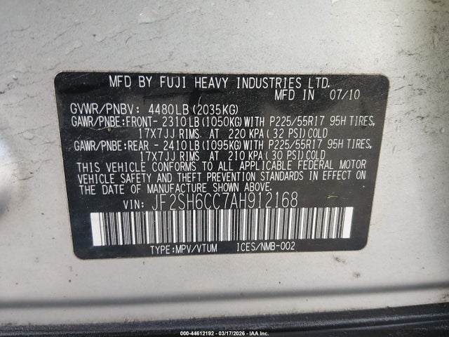 Aukcja sprzedaży 2010 Subaru Forester 2.5x Premium, vin: JF2SH6CC7AH912168, numer aukcji: 44612192
