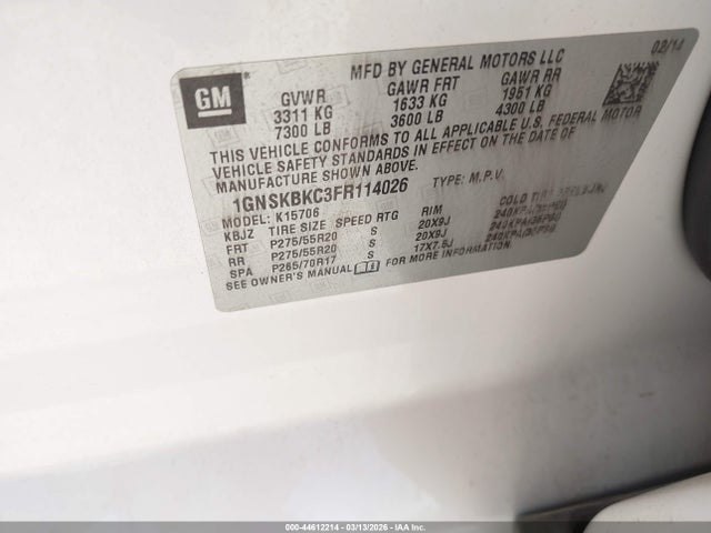 Aukcja sprzedaży 2015 Chevrolet Tahoe Lt, vin: 1GNSKBKC3FR114026, numer aukcji: 44612214