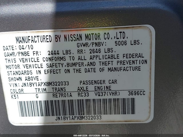 2011 Infiniti M37 მანქანა იყიდება აუქციონზე, vin: JN1BY1APXBM322033, აუქციონის ნომერი: 44612226