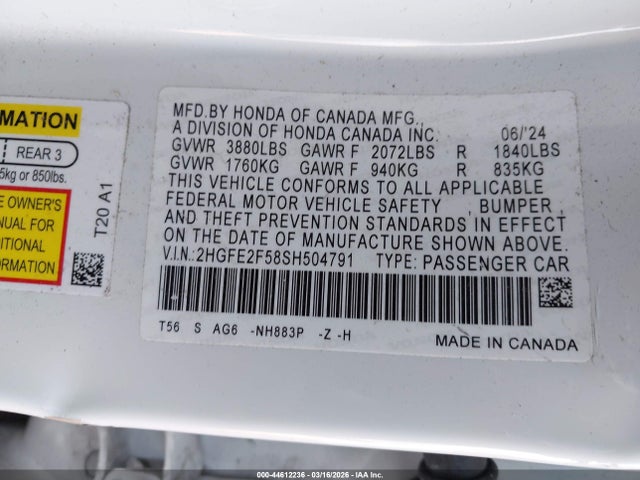 2025 Honda Civic Sport მანქანა იყიდება აუქციონზე, vin: 2HGFE2F58SH504791, აუქციონის ნომერი: 44612236