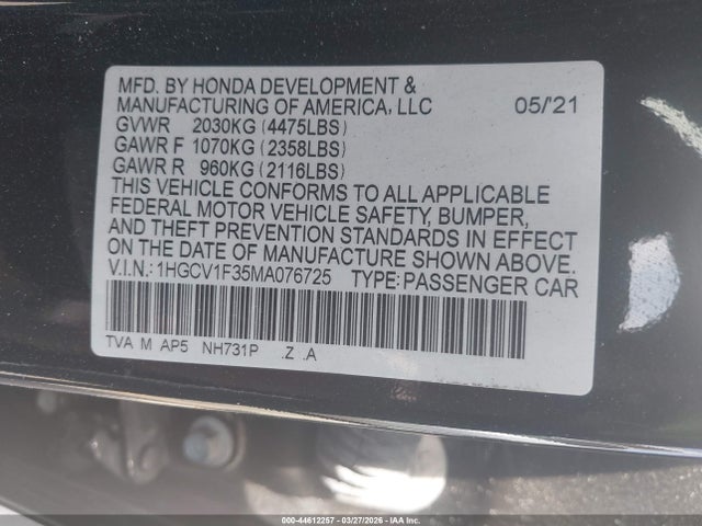 2021 HONDA ACCORD 1HGCV1F35MA076725 Photo 8