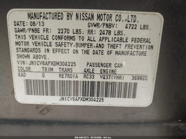 Продажа на аукционе авто 2013 Infiniti G37 Journey, vin: JN1CV6APXDM304225, номер лота: 44612273