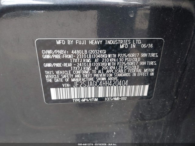 Aukcja sprzedaży 2017 Subaru Forester 2.5i Premium, vin: JF2SJAGC4HH420404, numer aukcji: 44612274