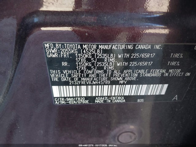 2T3ZFREV8JW445789 Toyota RAV4 LE