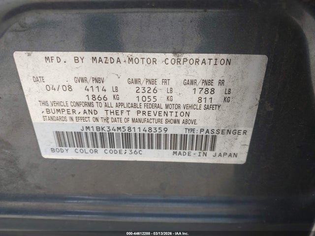 44612288 :رقم المزاد ، JM1BK34M581148359 vin ، 2008 Mazda Mazdaspeed3 Sport مزاد بيع
