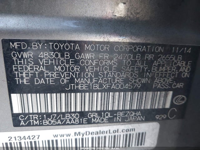 Aukcja sprzedaży 2015 Lexus Gs 350, vin: JTHBE1BLXFA004579, numer aukcji: 44612296