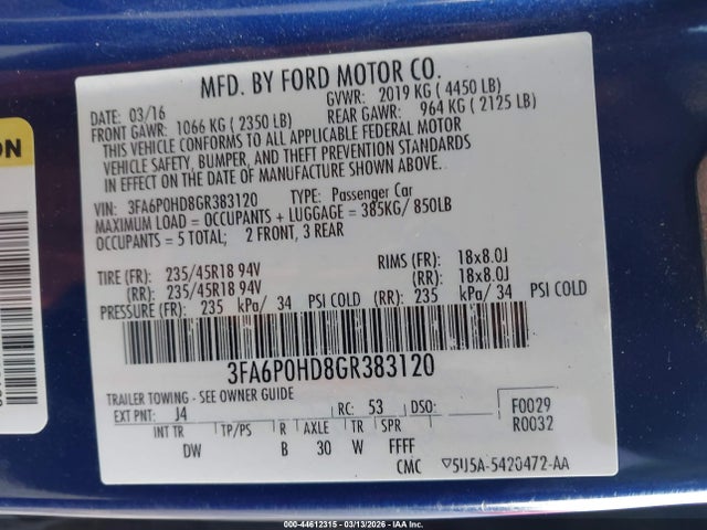 2016 FORD FUSION 3FA6P0HD8GR383120 Photo 8