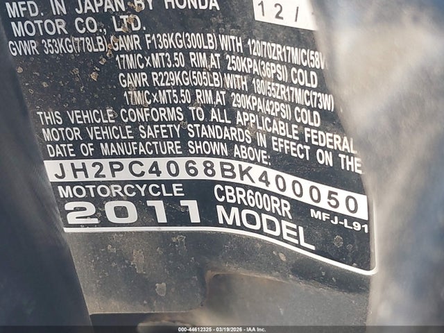 Продаж на аукціоні авто 2011 Honda Cbr600 Rr, vin: JH2PC4068BK400050, номер лоту: 44612325