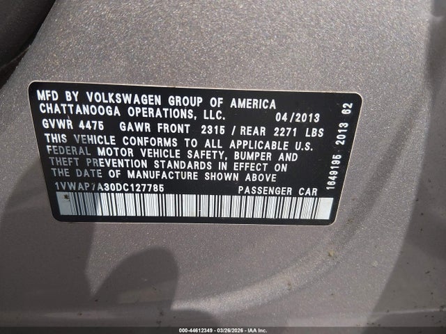 44612349 :رقم المزاد ، 1VWAP7A30DC127785 vin ، 2013 Volkswagen Passat S مزاد بيع