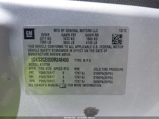 44612357 :رقم المزاد ، 1GKS2CE05DR248490 vin ، 2013 Gmc Yukon Slt مزاد بيع